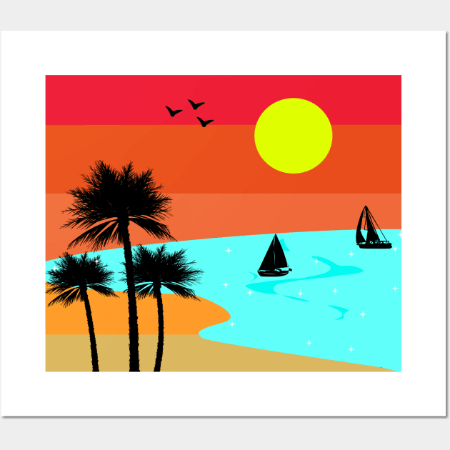 Cool Minimalistic Beach Retro Sunset Design Wall Art by vnteees1